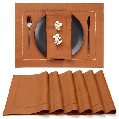 Signature Linen™ by D'Moksha, Rust Placemats Set of 6, 14 x 19 Inch, 100% Pure Linen Table Mats, Hemstitch, Machine Washable Cloth Placemats- Fall, Weddings, Outdoor Hosting - color: Rust, size: Set of 6 (14 X 19 Inch)