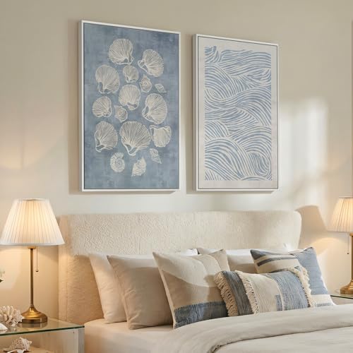 Large Framed Abstract Coastal Blue White Wall Art for Living Room, 24x36 In - color: Blue White, size: 24" W x 36" H x 2Pcs