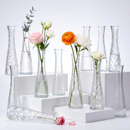 12 Pack Glass Bud Vases, Assorted Textured Clear Flower Vases Bulk - color: Clear