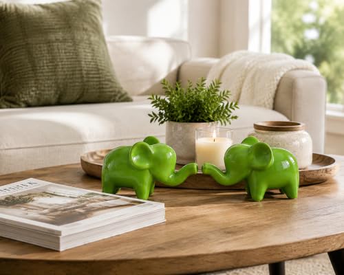 4 Inch Green Ceramic Elephant Figurines Set of 2 - color: Green