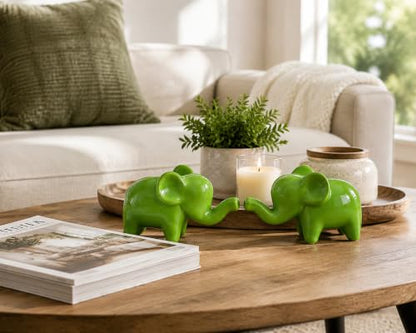 4 Inch Green Ceramic Elephant Figurines Set of 2 - color: Green