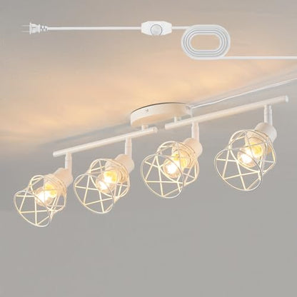 Dimmable Plug in Ceiling Light,Plug in Track Lighting,4 Light White Industrial Farmhouse Ceiling Light with 16.5' Cord,Adjustable Rotatable Cage Lamp Heads,E26 Base(Bulbs Not Included) - color: 4 Light White