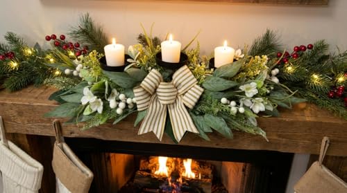 Svndlyn 26 Inch 3 Candle Holder Centerpiece with Greenery and Striped Bow