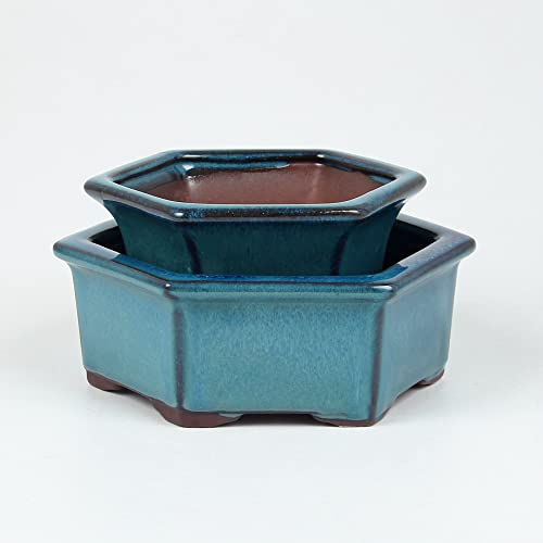Bonsai Planter 2pc Small Succulent Glazed Pots 4.9" and 6.1" + 6 Soft Mesh Drainage Screens - style: Style B&D1