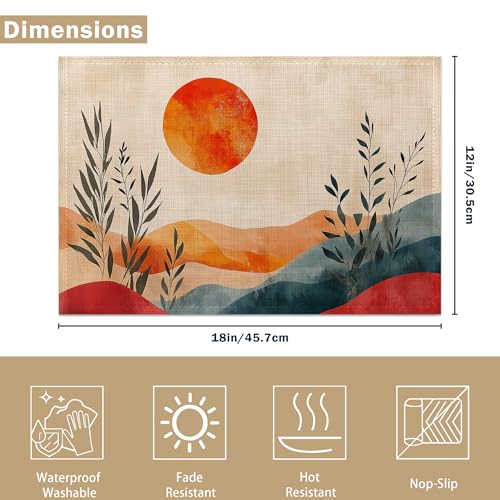 Boho Sunrise Abstract Sun Leaves Placemats Set of 6 Linen Table Mats, 12x18 Inch Washable Placemats for Dining Table, Non Slip Heat Resistant Mats for Kitchen Home Decor - color: Boho Sunrise Abstract Sun Leaves