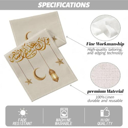 Eid Mubarak Ramadan Table Runner, Golden Crescent Moon Star Lantern Decor - color: Ramadan Kareem