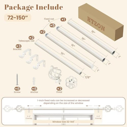 1" Farmhouse Heavy Duty Curtain Rods for Windows,Adjust 72-150",White - color: Antique White, size: 72-150 Inch & 1 Pack