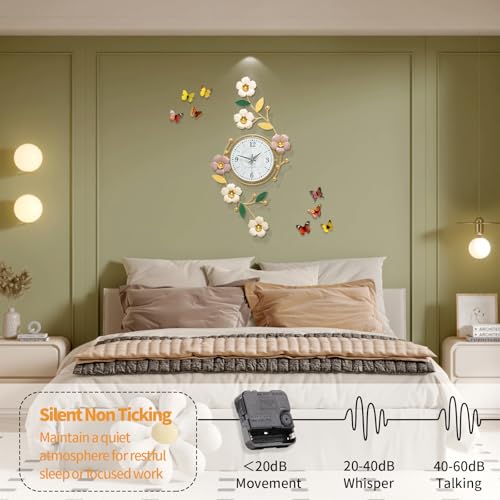 FLEBLE Large Wall Clock for Living Room Decor Metal Flower Home Decorative
