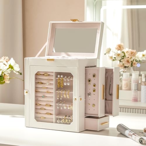 HOOBRO Jewelry Box with Mirror, Travel Jewelry Organizer with Glass Window - color: White + Gold