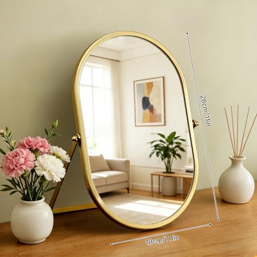 Gold Oval Vanity Mirror, 360° Rotation 180° Tilt Adjustable Desktop Makeup Mirror with Metal Frame, Decorative Standing Mirror for Bedroom, Bathroom, Living Room