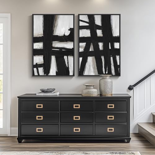 Large Framed Black White Abstract Wall Art for Living Room Set of 2, 24x36 - color: Black Strokes, size: 24" W x 36" H x 2Pcs