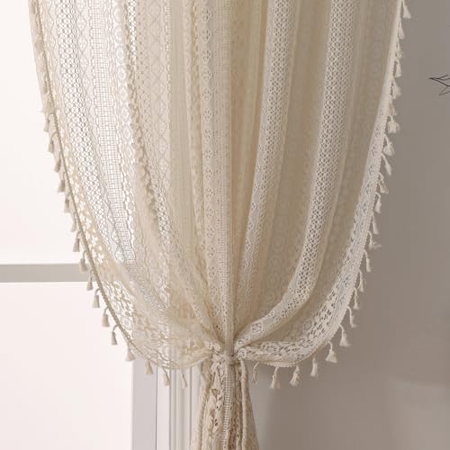 WAZZIO Boho Lace Curtains 72 Inches 2 Panel,Light Filtering Privacy Tassel & Geometry Crochet Semi Sheer Curtain Drapes for Bedroom Living Dining Room,Rod Pocket & Tassel,Vintage French Country,Beige - color: Beige, size: 59"W x 72"L (Pack of 2)