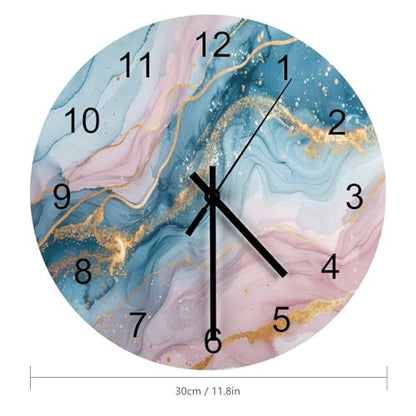 Marble Wall Clock 12 Inch Silent Non Ticking Clock Wooden, Modern Luxury Foil Texture Pink Blue Gold Marble Wall Clock Battery Operated Kitchen Bedroom Living Room Decor - color: Marble-9