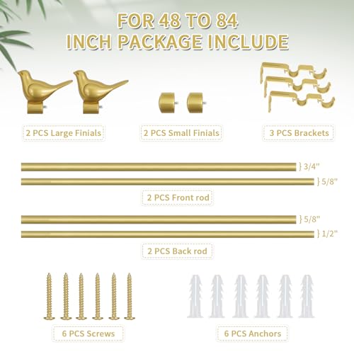 3/4" Diameter Farmhouse Double Window Treatment Curtain Rod, Bird Finials (48"-84", Gold) - color: Gold, size: 48"-84"