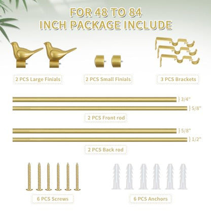 3/4" Diameter Farmhouse Double Window Treatment Curtain Rod, Bird Finials (48"-84", Gold) - color: Gold, size: 48"-84"