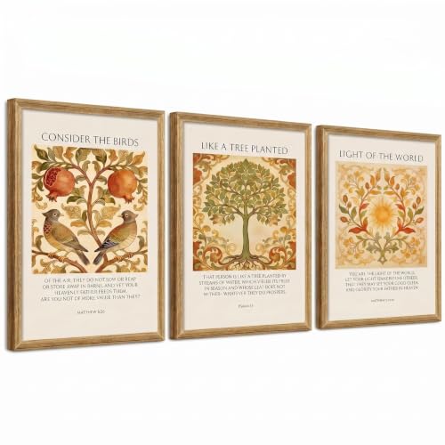 Framed Botanical Canvas Wall Art Floral Home Decor 3Pcs 24x16 Inch | Vintage Rustic Painting Print Picture Poster with Bird Tree Sun Elements for Living Room Bedroom Office Ready to Hang - color: Botanical Scripture 018, size: 16"L x 24"W