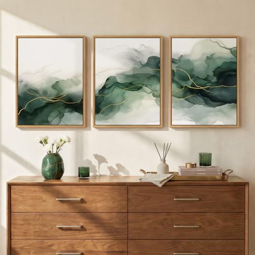Framed Abstract Minimalist Watercolor Green Gold Wall Art Bedroom, 12x16 In | Emerald green picture, 3 piece, Canvas print, Minimalist watercolor, Abstract artwork, Gold, Jade, Flow, Above bed wall decor - color: Emerald Green