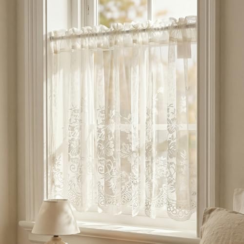 Molaxhome Kitchen Curtains Valance Beige Lace Floral Semi Sheer Curtain - color: Beige, size: 29"W x 24"L (Pack of 1)