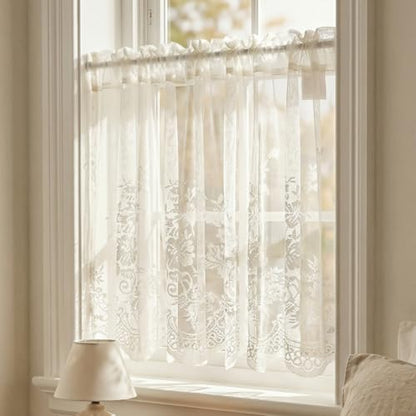 Molaxhome Kitchen Curtains Valance Beige Lace Floral Semi Sheer Curtain - color: Beige, size: 29"W x 24"L (Pack of 1)