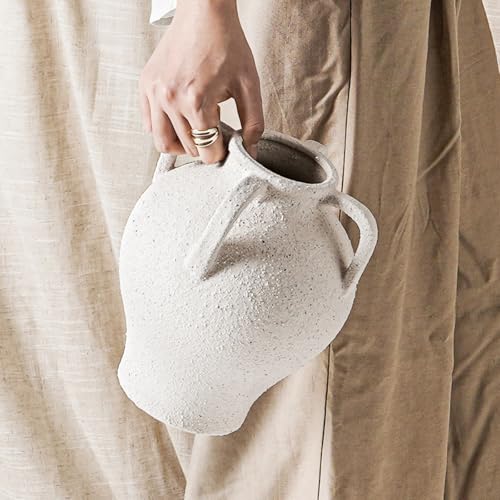 Ceramic Vase, White Textured with 4 Handles, 8.8 Inch Flower Vase - color: Yeda - Rock Sand White, size: M(8.8"-9.8")