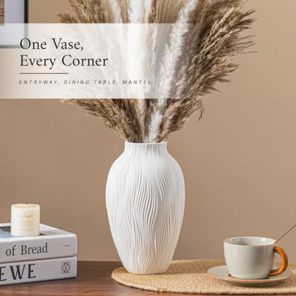 White Ceramic Vase for Pampas Grass, 9.2 Inch Wavy Textured Vase Gift - color: Windblown Texture Vase
