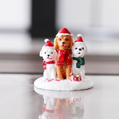 Christmas Village Accessories Three Dogs Ornament with Santa Hat Funny Gift - color: White and Brown