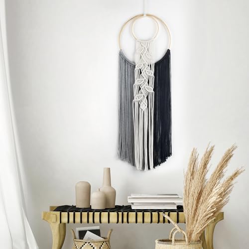 LB Black Macrame Wall Hanging, Handmade Woven Tapestry- Boho Dream Catchers Grey and Black Hanging Macrame Wall Art for Living Room Apartment Office Backdrop,10X30 Inch - color: Grey
