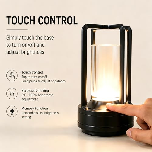 Rechargeable Crystal Table Lamp, 3-Color Touch LED, Black - color: Black