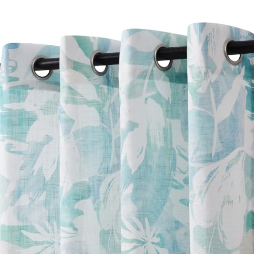 Aqua Blue and White Semi Sheer Linen Curtains 55x84" Boho Floral Print 2pcs - color: Gromme Top- Semi Sheer- Aqua Blue, size: 55"W x 84"L (Pack of 2)
