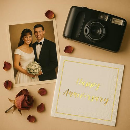 Happy Anniversary Decorations, 50 Pack, Gold Foil Cocktail Napkins, Wedding Dating Anniversaries Decorations Decor Supplies, Beverage Napkin