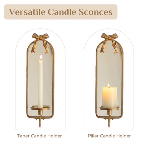 Gold Mirrored Candle Sconces Set of 2 with Arch Metal Frame - color: Gold