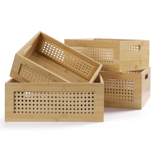 Rattan Wooden Box Set of 4 Handmade Decorative Storage Basket with Handles - color: Natural Tan, size: 4 Set - Multiple Sizes