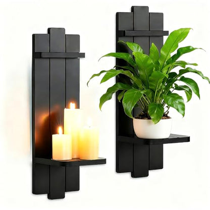 Large Black Wood Wall Candle Sconces: 19.7" Floating Shelf Design - color: Black, size: 19.7in x 6.3in