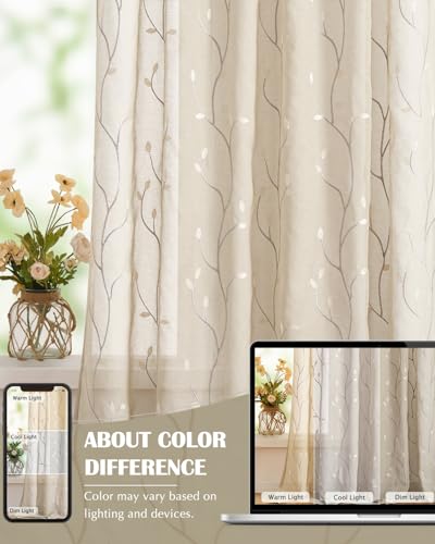 jinchan Beige Leaf Voile Embroidered Curtains 84 Inch Back Tab 2 Panels - color: Vine Back Tab Beige, size: 55"W x 84"L (Pack of 2)
