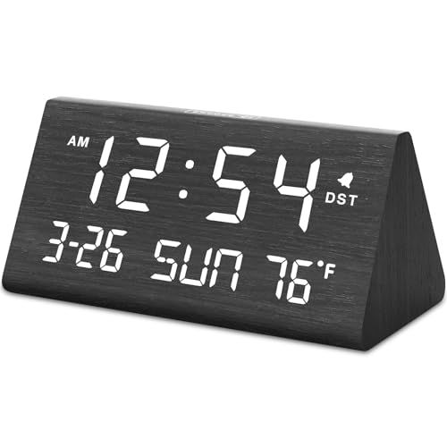 DreamSky Digital Alarm Clock for Bedrooms - Wooden Desk Clock with Date - color: Black