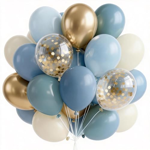 PartyWoo Dusty Blue Balloons 66pcs 12 Inch Slate Blue White Gold Balloons - color: Blue-3321