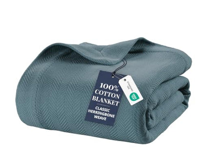 LANE LINEN Cozy Blanket Queen, 100% Cotton Textured Herringbone Weave - color: 07: Teal, size: Queen