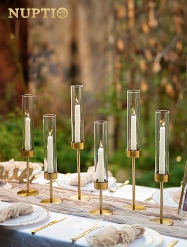 NUPTIO Hurricane Candle Holder for Centerpiece, Set of 6 Candlestick Holder - color: Brass - Clear, size: 6pcs