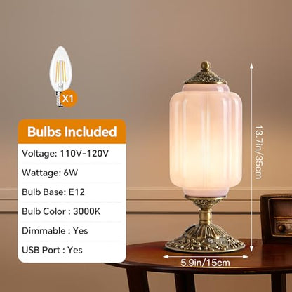 Milk Glass Table Lamp, Touch Control with USB Charging Port Vintage Bedside Desk Lamp Stepless Dimming for Bedroom Living Room Nightstand Led Bulbs Included （Purple）