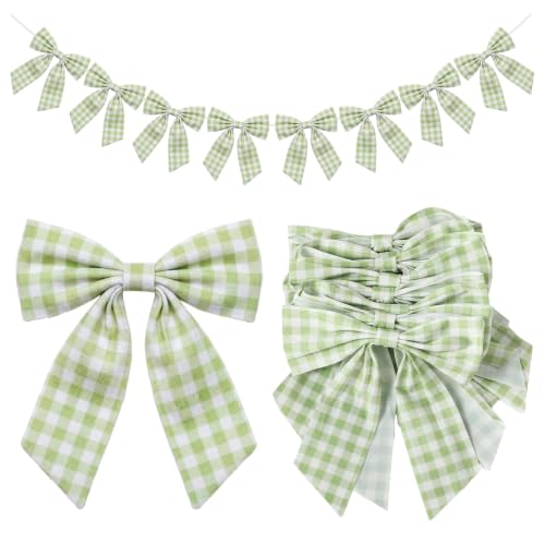 Flutesan 8 Ft Sage Green Gingham Bow Garland, Fabric Bow Farmhouse Decor - color: Sage Green, style: Gingham