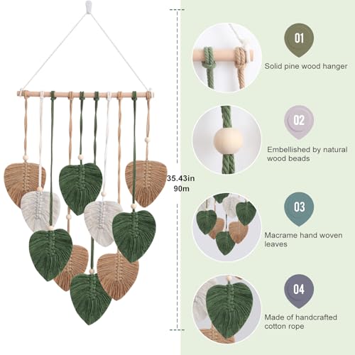 Easemykit Wall Hanging Decor Leaves Tapestry, Boho Macrame Wall Decor Tapestry Woven Feather Handmade Yarn Tassels Leaf Macrame Wall Art Decorations for Living, Bedroom, Office,Nursery,Apartment Room,16x26 Inch(Brown Green) - color: Brown Green