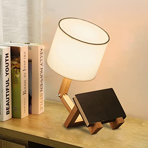Robot Desk Lamp Set of 2, Creative Bedside Lamp for Bedroom,Wooden Lamp Body Adjustable,DIY E26 Living Room Table Lamps with Fabric Shade,Modern Indoor Decorative Lighting, TB-QBT005-WHM2 - style: Style(Two set)