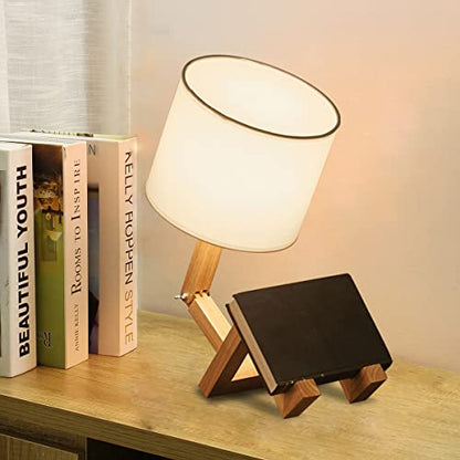 Robot Desk Lamp Set of 2, Creative Bedside Lamp for Bedroom,Wooden Lamp Body Adjustable,DIY E26 Living Room Table Lamps with Fabric Shade,Modern Indoor Decorative Lighting, TB-QBT005-WHM2 - style: Style(Two set)