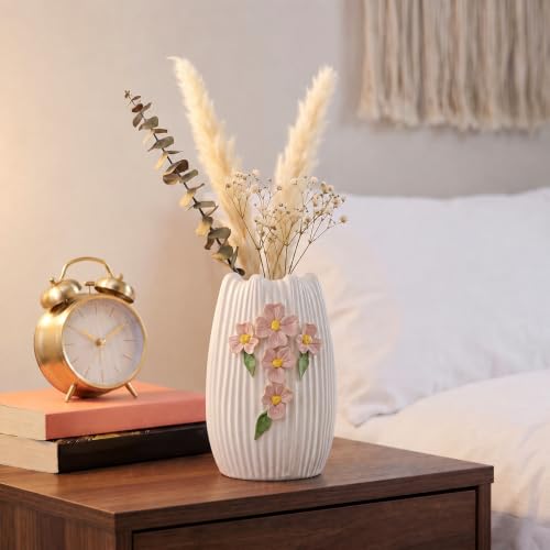 Ceramic Flower Vase, 7 Inch Small Boho Vase, White - color: White and Pink, size: 7 inch