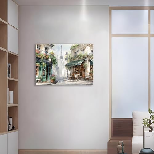 Framed Green Cafe Canvas Wall Art, 24"x16" European Street Scene - color: Green 01, size: 24"L x 16"W