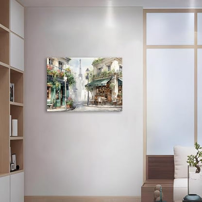Framed Green Cafe Canvas Wall Art, 24"x16" European Street Scene - color: Green 01, size: 24"L x 16"W