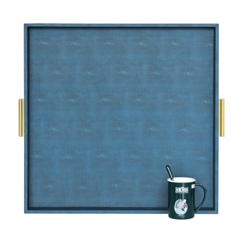 HofferRuffer Elegant Decorative Serving Tray, 20"x20" Square Faux Leather Ottoman Tray with Gold Hardware Handles, Coffee Table Serve Tea, Coffee or Breakfast (Navy Blue) - color: Navy Blue Shagreen, size: 20" x 20" x 2"