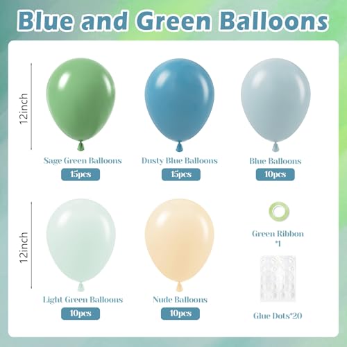 12inch Blue and Green Balloons with Sage Dusty Blue Pastel Green Balloons - color: Dusty Blue Green