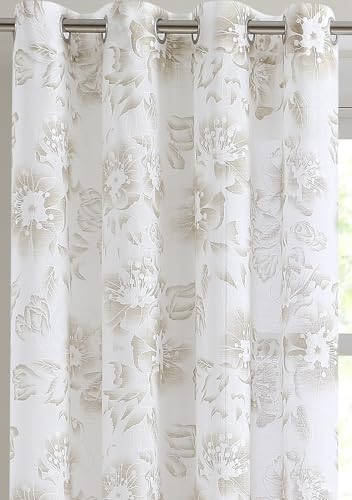 LinenZone 54x96 White Curtains with Linen Flower Print. (Flora 54x96 Linen) - color: Linen, size: 54"W x 96"L (Pack of 2)