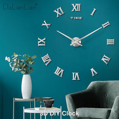DIY Frameless Wall Clock, 3D, Adjustable Up to 52”, Silver - color: Silver
